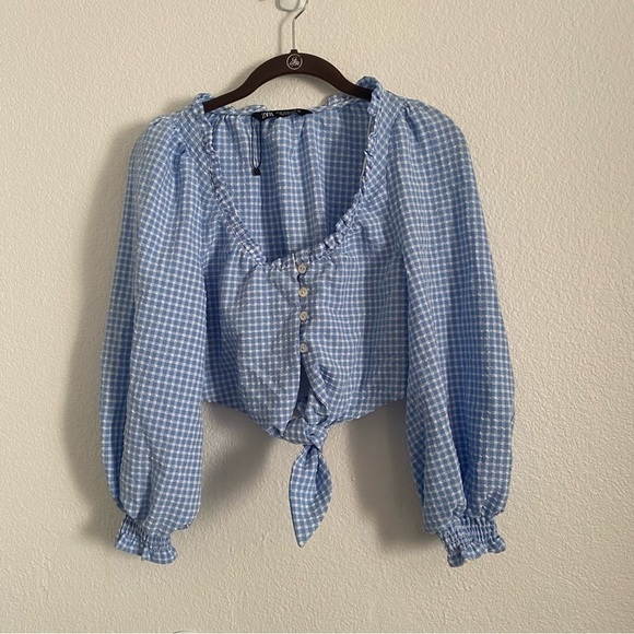 NWOT Zara Women's Size XS Blue Gingham Long Sleeve Crop Top - Picture 2 of 5